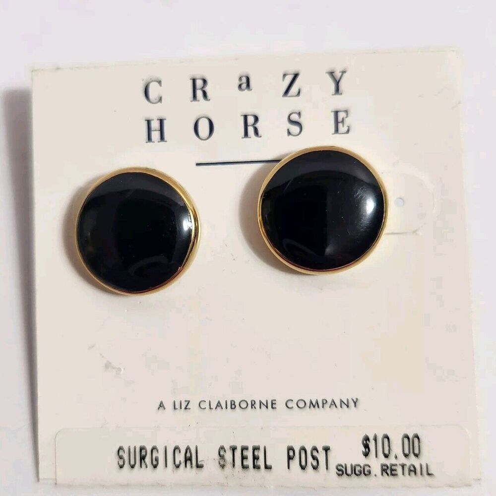 Liz Claiborne Crazy Horse Pierced Earrings Gold Tone, Black NEW